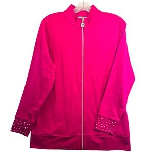 Quacker Factory Womens XS Magenta Pink Rhinestone Cuff Zip Up Jacket Mock Neck